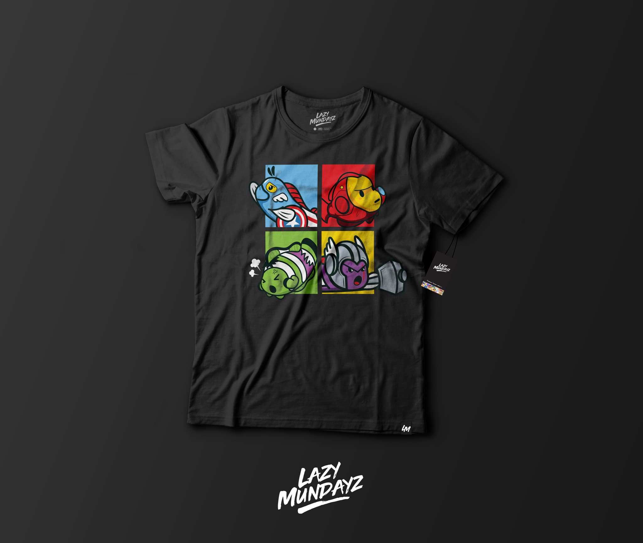 Lazymundayz Super Heroes Theme Fish Tshirt