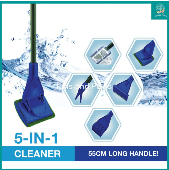 Aquarium 5-in-1 Cleaning Kit - Algae Scraper Fish Net Glass Cleaner Pebble Rake and Planting